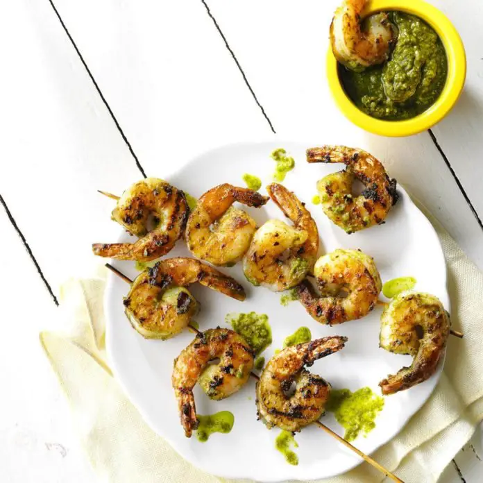 Grilled Pistachio Lemon Pesto Shrimp