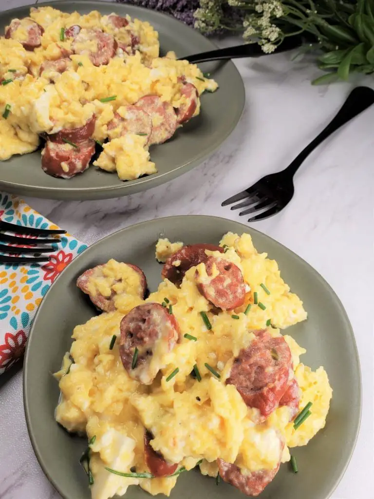 Sausage Feta Eggs Breakfast Scramble